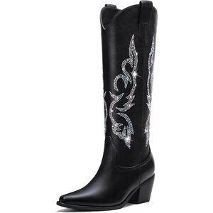 Women Black & Rhinestone Polyurethane Side Zipper Knee High Retro Western Boot